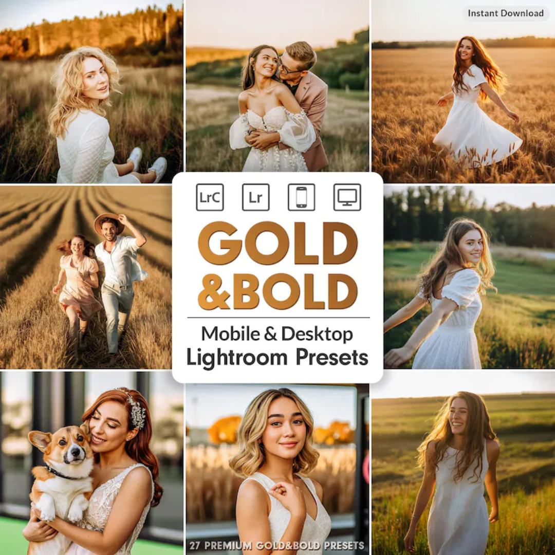 Gold & Bold Lightroom Presets: 27 Premium Golden Hour and Warm Tone Filters (Mobile and Desktop, Digital Download)