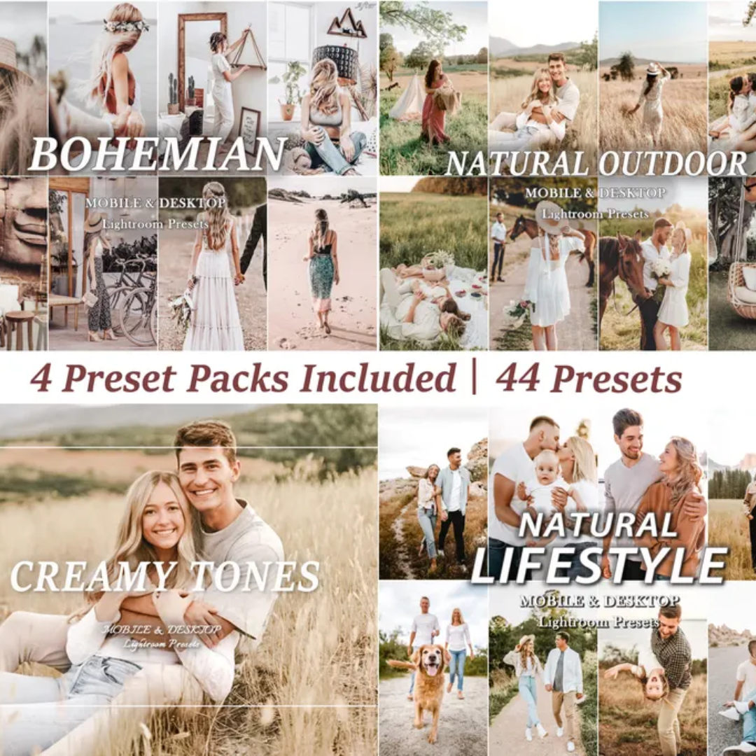 44 Natural LIGHTROOM Presets, Outdoor Presets, Creamy Preset, Bohemian Preset, Warm Light Preset, Mobile Preset, Bright Airy Desktop Presets